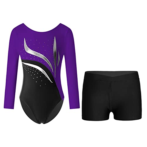 Runhomal Turnanzug Mädchen Gymnastikanzug Kinder Glänzende Ballettbody Gymnastikbody Langzrm Trikot Leotard Top mit Strass Shorts Ballettanzug Tanzbekleidung Dancewear I Lila & Schwarz 134-140 von Runhomal