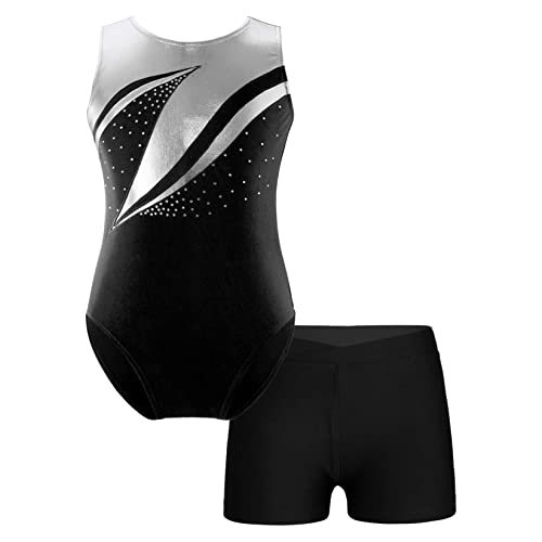 Runhomal Turnanzug Mädchen Metallic Gymnastikanzug Ballettanzug Balletttrikot Turntrikot mit Shorts Skating Tanzkleidung Dancewear Schwarz 146-152 von Runhomal