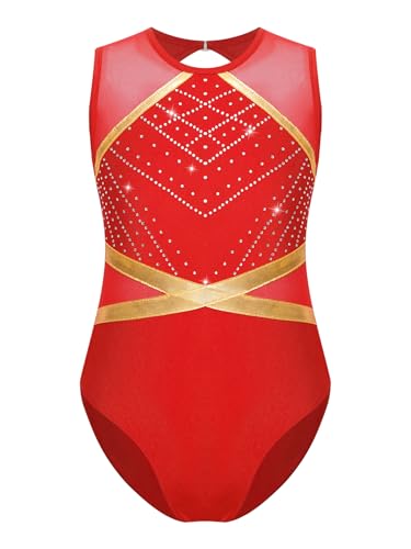 Runhomal Turnanzug Mädchen Metallic Gymnastikanzug Leotard ärmellos Turnbody Gymnastiktrikot Turntrikot Balletttrikot Kinder Ballettanzug B Rot 110-116 von Runhomal