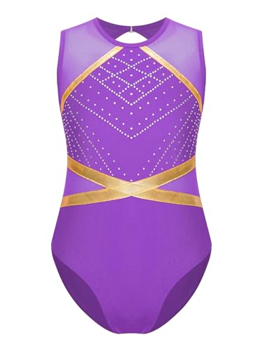 Runhomal Turnanzug Mädchen Metallic Gymnastikanzug Leotard ärmellos Turnbody Gymnastiktrikot Turntrikot Balletttrikot Kinder Ballettanzug B Violett 170 von Runhomal