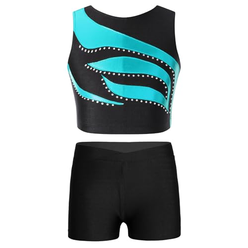 Runhomal Turnanzug Mädchen Zweiteiler Tanzkleidung Gymnastikanzug Glänzende Crop Top Kurz Oberteil Shorts Tanzshorts für Tanz Gymnastik Fitness Blau 122-128 von Runhomal