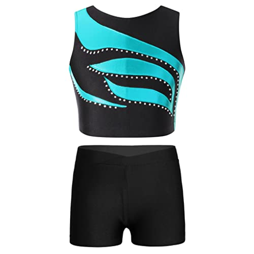 Runhomal Turnanzug Mädchen Zweiteiler Tanzkleidung Gymnastikanzug Glänzende Crop Top Kurz Oberteil Shorts Tanzshorts für Tanz Gymnastik Fitness Blau 134-140 von Runhomal