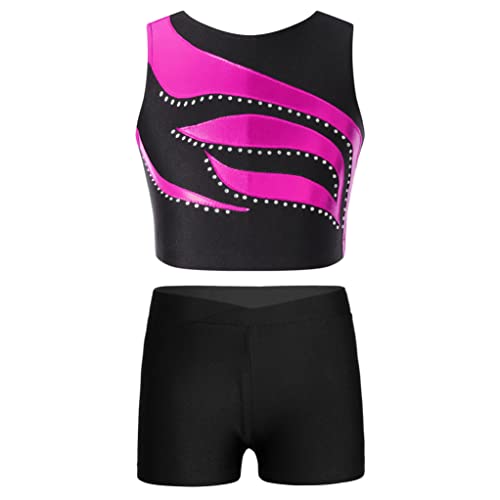 Runhomal Turnanzug Mädchen Zweiteiler Tanzkleidung Gymnastikanzug Glänzende Crop Top Kurz Oberteil Shorts Tanzshorts für Tanz Gymnastik Fitness Rosa 134-140 von Runhomal