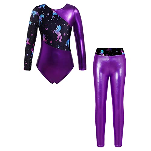 Runhomal Zweiteilige Turnanzug Mädchen Gymnastikanzug Metallisch Ballettbody Tanzbody + Tanzhose Leggings Strumpfhose Ballettkleidung Violett 134-140 von Runhomal