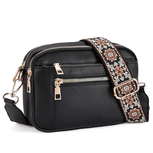 Runmeihe Damen Crossbody Taschen 3 Reißverschlussfächer Kleine Crossbody Taschen mit verstellbarem breitem Gurt, Schwarz , Small von Runmeihe