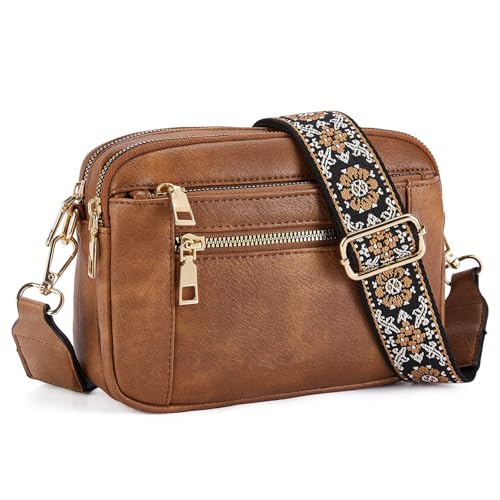 Runmeihe Damen Crossbody Taschen 3 Reißverschlussfächer Kleine Crossbody Taschen mit verstellbarem breitem Gurt, braun, Small von Runmeihe