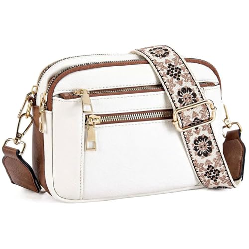 Runmeihe Damen Crossbody Taschen 3 Reißverschlussfächer Kleine Crossbody Taschen mit verstellbarem breitem Gurt, weiß, Small von Runmeihe