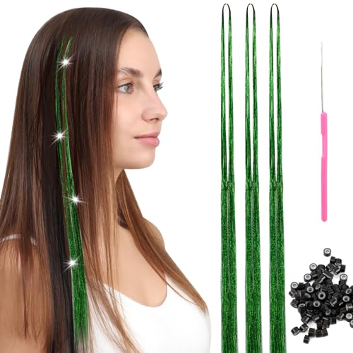Runmeihe Haar Lametta Extensions 600 Strähnen mit Werkzeugen, Funkelndes glänzendes Haar Lametta Kit, hitzebeständige Glitzer Lametta Haarverlängerungen für Frauen Mädchen 48 Zoll (600 Strähnen grün) von Runmeihe