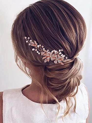 Runmi Braut-Haarkamm mit goldfarbenen Blüten, Kristall-Haarschmuck, Perlen-Hochzeits-Haar-Accessoire, für Damen und Mädchen von Runmi