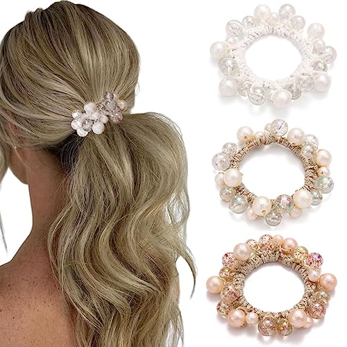 Runmi Perlen-Haargummis, Strass, elastische Haarbänder, Pferdeschwanz-Halter, Haar-Accessoires für Damen und Mädchen (3 Stück) von Runmi