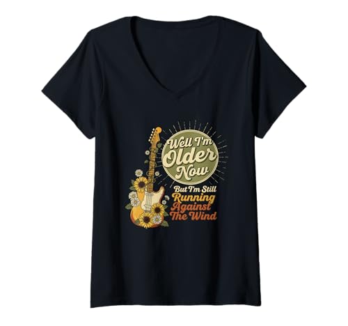 Damen Well I'm Older Now But I'm Still Running Against The Wind T-Shirt mit V-Ausschnitt von Running Against The Wind Guitar Sunflower Apparel