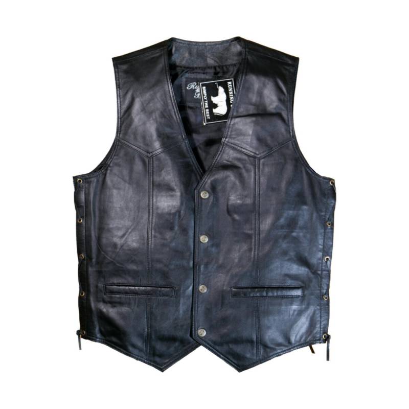Schwarze Lederweste, Bikerweste mit seitlicher Schnürung und Druckknöpfen Größe M von Running Bear