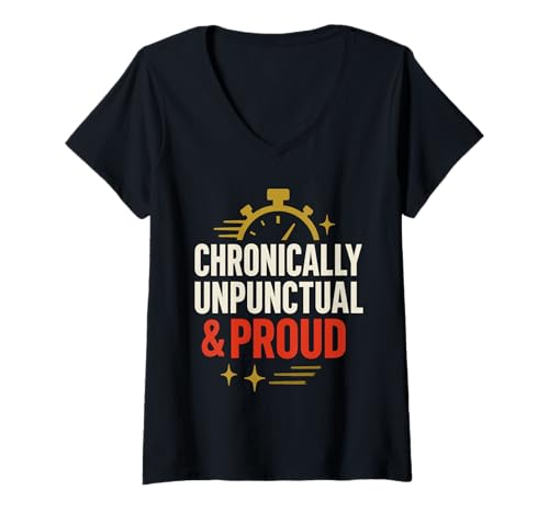 Damen Lustiger Später Anti Fitness Cardio Humor Prokrastination Witz T-Shirt mit V-Ausschnitt von Running Late Club Morning Chaos Sporty Sarcasm