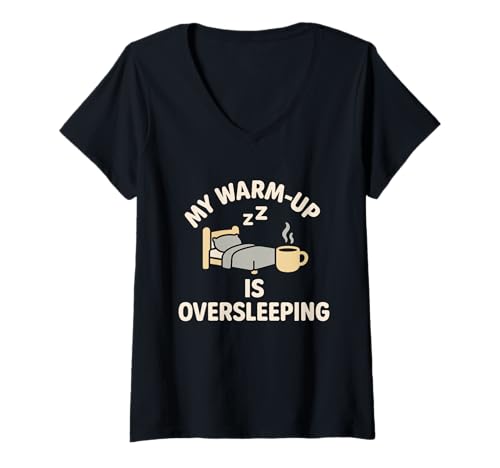 Damen Lustiger Später Anti Fitness Cardio Humor Prokrastination Witz T-Shirt mit V-Ausschnitt von Running Late Club Morning Chaos Sporty Sarcasm