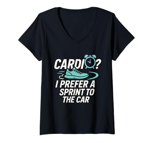 Damen Lustiger Später Anti Fitness Cardio Humor Prokrastination Witz T-Shirt mit V-Ausschnitt von Running Late Club Morning Chaos Sporty Sarcasm