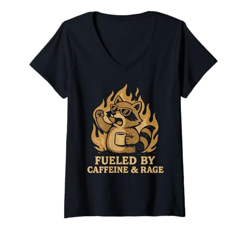 Damen Fueled By Caffeine and Rage Lustiger wütender Kaffee Waschbär Retro T-Shirt mit V-Ausschnitt Damen Fueled By Caffeine and Rage Lustiger wütender Kaffee Waschbär Retro T-Shirt mit V-Ausschnitt von Running On Coffee Chaos and Mild Breakdown Energy
