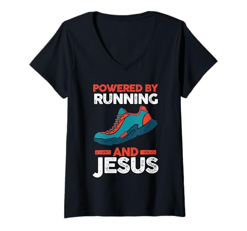 Damen Joggen, Laufen, Laufen, Jesus Marathon T-Shirt mit V-Ausschnitt von Running Runner Run Jogging Gift