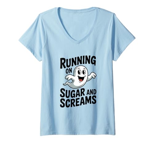 Damen Running On Sugar and Screams Netter Ghost Halloween-Spaß T-Shirt mit V-Ausschnitt Damen Running On Sugar and Screams Netter Ghost Halloween-Spaß T-Shirt mit V-Ausschnitt von Running on Sugar and Screams Cute Ghost Halloween