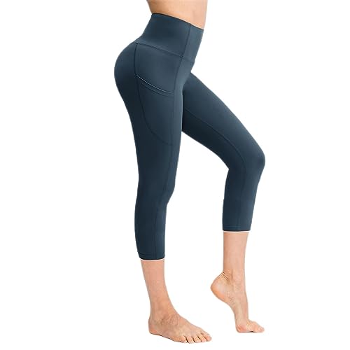 Running sanzi Capri-Leggings mit Taschen für Damen, hohe Taille, Bauchkontrolle, Workout, Yogahose, Capris Blue, X-Groß von Running sanzi