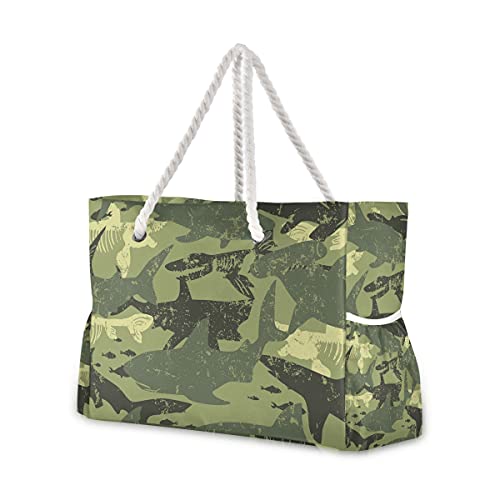 Camouflage-Hai-Strandtasche, extra groß, für Frauen, Reisetasche, Übernachtung, Pool, Umhängetasche, Urlaub, Essentials wasserdicht, mit Netztasche, Reißverschluss für Meer, Flughafen, Reisen von RunningBear