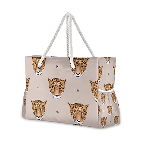 Leopard Jaguar Polka Strandtasche, extra groß für Frauen, Reisetasche, Übernachtung, Pool, Umhängetasche, Urlaub, Essentials wasserdicht, mit Netztasche, Reißverschluss für Meer, Flughafen, Reisen von RunningBear