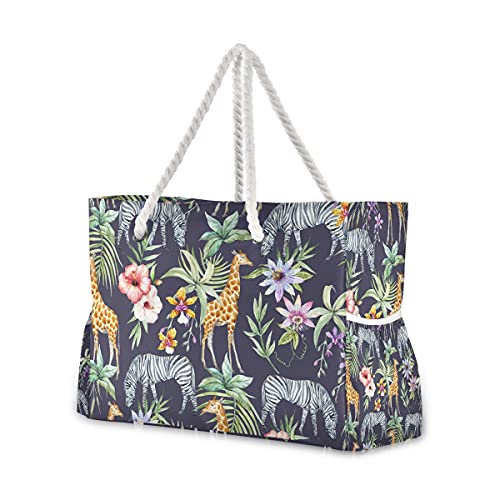 Strandtasche mit tropischen Palmenblättern, Giraffen- und Zebramuster, extra groß, für Damen, Pool-Umhängetasche, Reisetasche, Übernachtung, Urlaub, Essentials, wasserdicht, mit Netztasche, von RunningBear