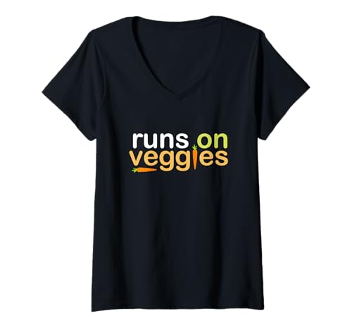 Damen Runs on Veggies – Vegetarisch-Veganer Tierliebhaber, tierversuchsfrei T-Shirt mit V-Ausschnitt von Runs on Veggies Designs