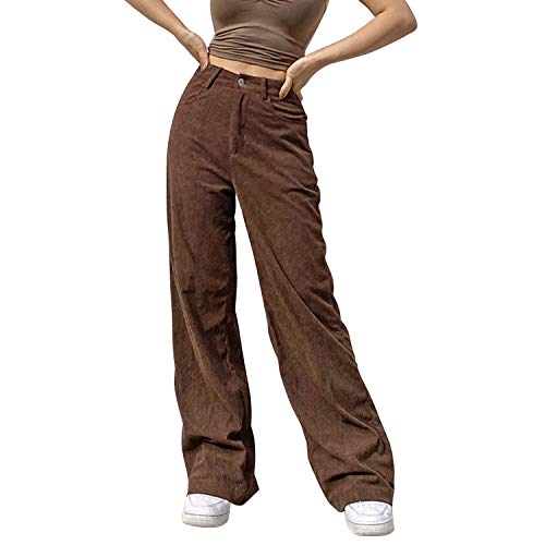 Runstarshow Damen Cordhose Hohe Taille Bereites Bein Hose mit Taschen Lässig einfarbig Freizeithose mit Knopf Übergroß All-Match Streetwear Herbst von Runstarshow