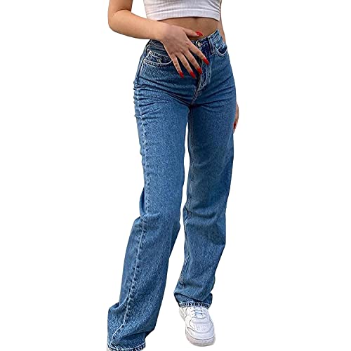 Runstarshow Damen Denim Jeans Hose Weite Beine Pants Baggy Hose Hohe Taille Gerades Bein Bleistift Jeans Freizeithose Boyfriend mit Tasche von Runstarshow