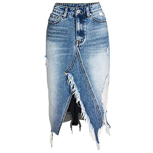 Runstarshow Damen Jeansrock Unregelmäßige Fransen Loch Denim Rock Distressed Hip Beiläufiges Midi-Rock Blau Sommerrock Casual (36, Blau2) von Runstarshow