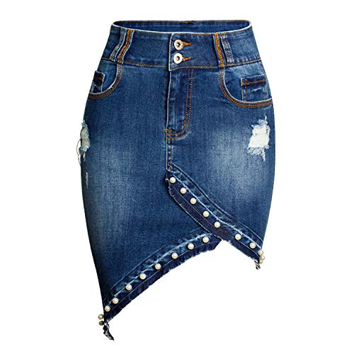 Runstarshow Damen Jeansrock Unregelmäßige Fransen Loch Denim Rock Distressed Hip Beiläufiges Midi-Rock Blau Sommerrock Casual (44, Blau1) von Runstarshow