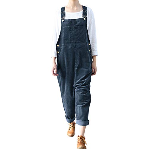 Runstarshow Damen Latzhosen Jumpsuit Retro Jeans Baumwolle Leinen Cord Overall Frauen Ärmellos Playsuits mit Taschen Elegant Breites Bein Hosen von Runstarshow