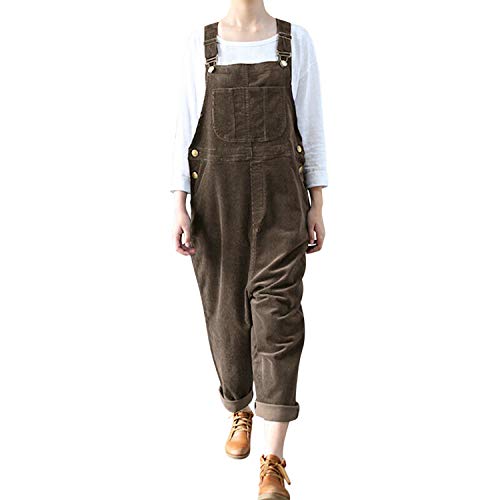 Runstarshow Damen Latzhosen Jumpsuit Retro Jeans Baumwolle Leinen Cord Overall Frauen Ärmellos Playsuits mit Taschen Elegant Breites Bein Hosen von Runstarshow