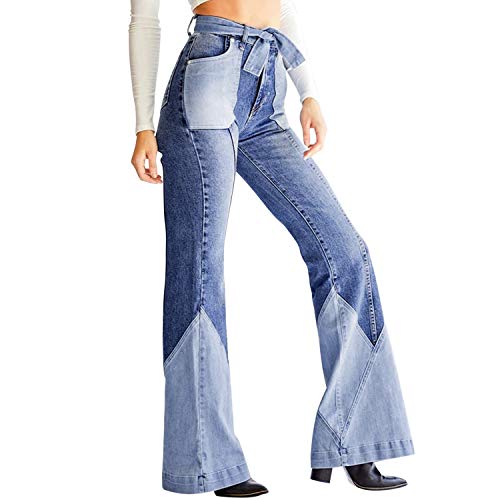 Runstarshow Damen Patchwork Jeansschlaghose Schlagjeans blau Schlaghose 70er Jahre Jeans Klassische Retro High Waist Spliced Casual Bell Bottom Hose von Runstarshow