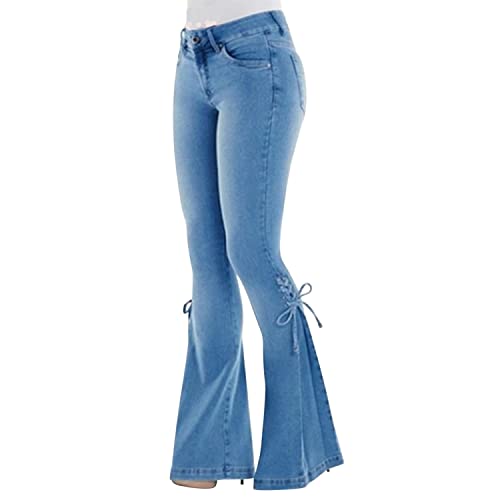 Runstarshow Damen Schlagjeans Damen Jeans Hohe Taille Schlaghose für Frauen Bell Bottom Jeans Weites Bein Hose Damen Bootcut Jeans Stretch Elegant mit Trägern für Größe 34-48, dunkelblau, 40-42 von Runstarshow
