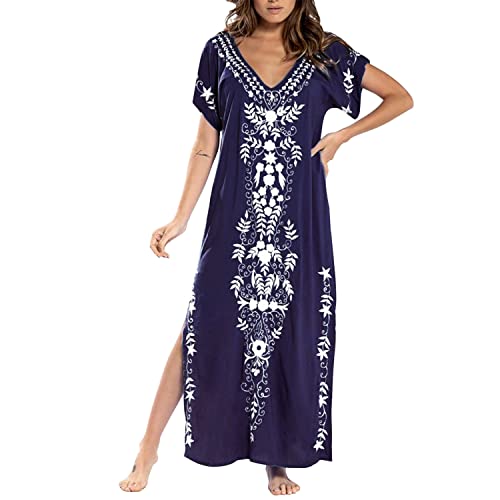 Runstarshow Damen Strand Coverups Stickerei Kaftans volle Länge V Ausschnitt Kurzarm Strandmode Oversize Midikleid, marineblau, XXL von Runstarshow
