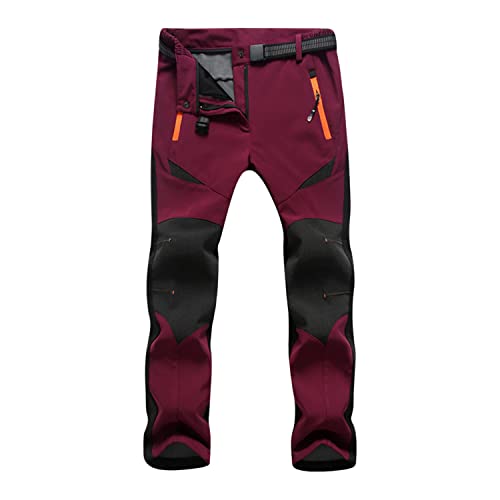 Runstarshow Damenhose mit Fleecefutter, Softshell-Hose, wasserdicht, elastische Taille, Wanderhose mit Taschen und Gürtel, weinrot, 38 von Runstarshow