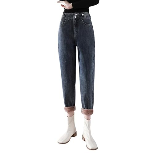 Runstarshow Fleece-gefütterte Jeans für Damen, Thermohose, warme Hose, Boyfriend-Jeans, hohe Taille, Jeggings, Damen, gerades Bein, Denim-Leggings mit Taschen, Winterjeans, Übergröße S-XXL/36-44, von Runstarshow