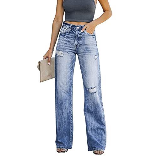 Runstarshow Jeans Hose Hohe Taille Breite Bein Hosen Retro Zerrissene Flared Pants mit Tasche von Runstarshow