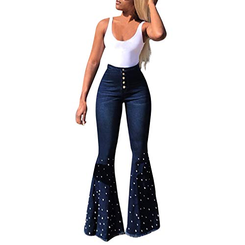 Runstarshow Jeanshose Damen High Waist Perlen Jeans Elegant Weites Bootcut Denim Hose Streetwear Urlaub von Runstarshow