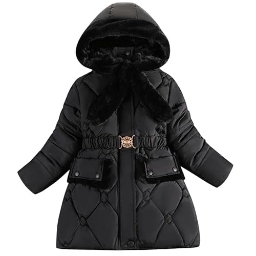 Runstarshow Mädchen Mäntel Mädchen Winterjacke Gepolsterter Mantel Kapuze Parka Jacke Fleece Gefüttert Kinder Warme Schulmäntel mit Abnehmbarer Kapuze Pelzkragen Gürtel Taschen Oberbekleidung für von Runstarshow