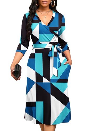 Runwind Damen Midi-Kleid, 3/4-Ärmel, V-Ausschnitt, Cocktail-Partykleid, kurviges Wickelkleid, sexy geometrisches Muster, Kleider mit Gürtel, B-Blau, schwarze Geometrie, Groß von Runwind