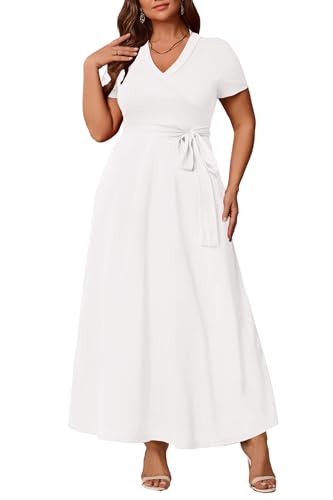 Runwind Damen Plus Size Maxikleid Kurzarm Casusl Sommer Langes Kleid Solid V-Ausschnitt Oversized Kleider, Weiss/opulenter Garten, 4X von Runwind