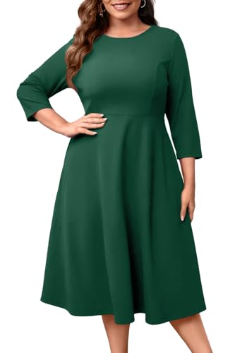 Runwind Damen Übergröße Midikleid Klassisch Hohe Taille Hochzeit Gäste Kleid Casual Rundhals 3/4 Ärmel A-Linie Swing Kleider, Grün , 5X-Groß von Runwind