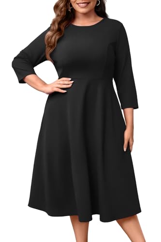 Runwind Damen Übergröße Midikleid Klassisch Hohe Taille Hochzeit Gäste Kleid Casual Rundhals 3/4 Ärmel A-Linie Swing Kleider, Schwarz, 4X-Groß von Runwind
