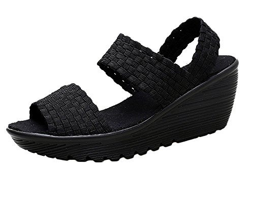 Damen Casual Wedge Sandalen Gewebt Bequeme Slippers Plateau Schuhe Peep-Toe Sommerschuhe Schwarz 40 von Runyue