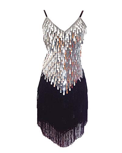 Damen Tanzkleid Pailletten Latein Kleid Wettbewerb Dancewear Quaste Rumbakleid Silber Eine Größe von Runyue