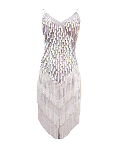 Damen Tanzkleid Pailletten Latein Kleid Wettbewerb Dancewear Quaste Rumbakleid Weiß Eine Größe von Runyue