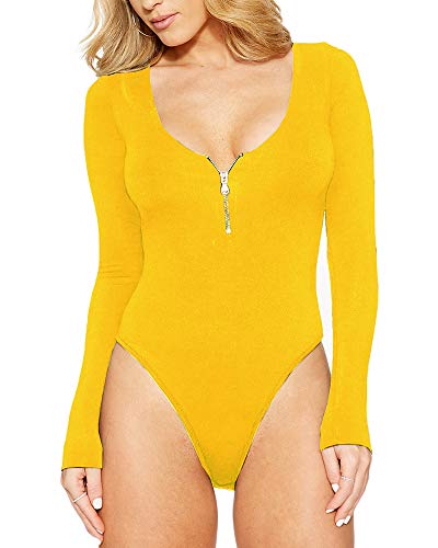 Frauen Langarm Bodysuit T-Shirt Body mit Rundhals Ausschnitt Overalls Jumpsuit Tops Gelb L von Runyue