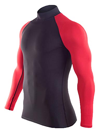 Herren Funktionsunterwäsche Sport Warm Unterhemd Shirt Thermo Stehkragen Unterwäsche Fitness T-Shirt Top Schwarz 2Rot XL von Runyue